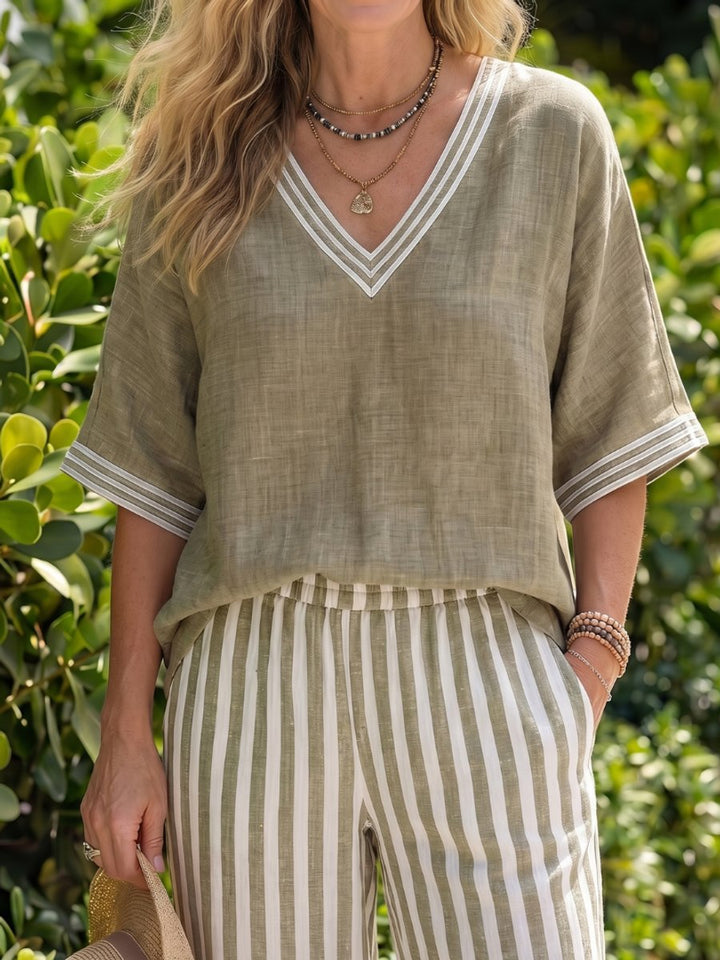 Women's Everyday Relaxed V-Neck Linen Tunic Stripe Trouser Set
