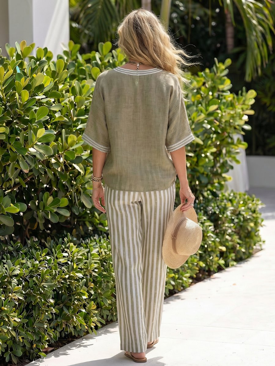 Women's Everyday Relaxed V-Neck Linen Tunic Stripe Trouser Set