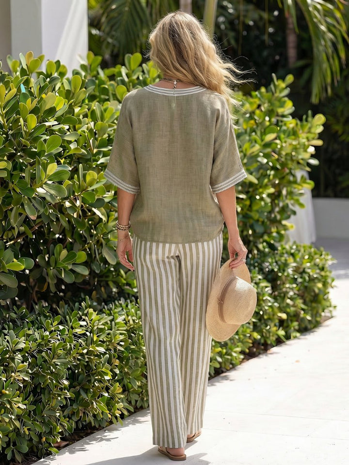 Women's Everyday Relaxed V-Neck Linen Tunic Stripe Trouser Set