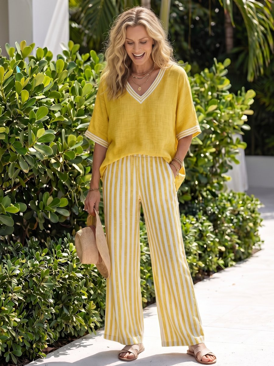 Women's Everyday Relaxed V-Neck Linen Tunic Stripe Trouser Set