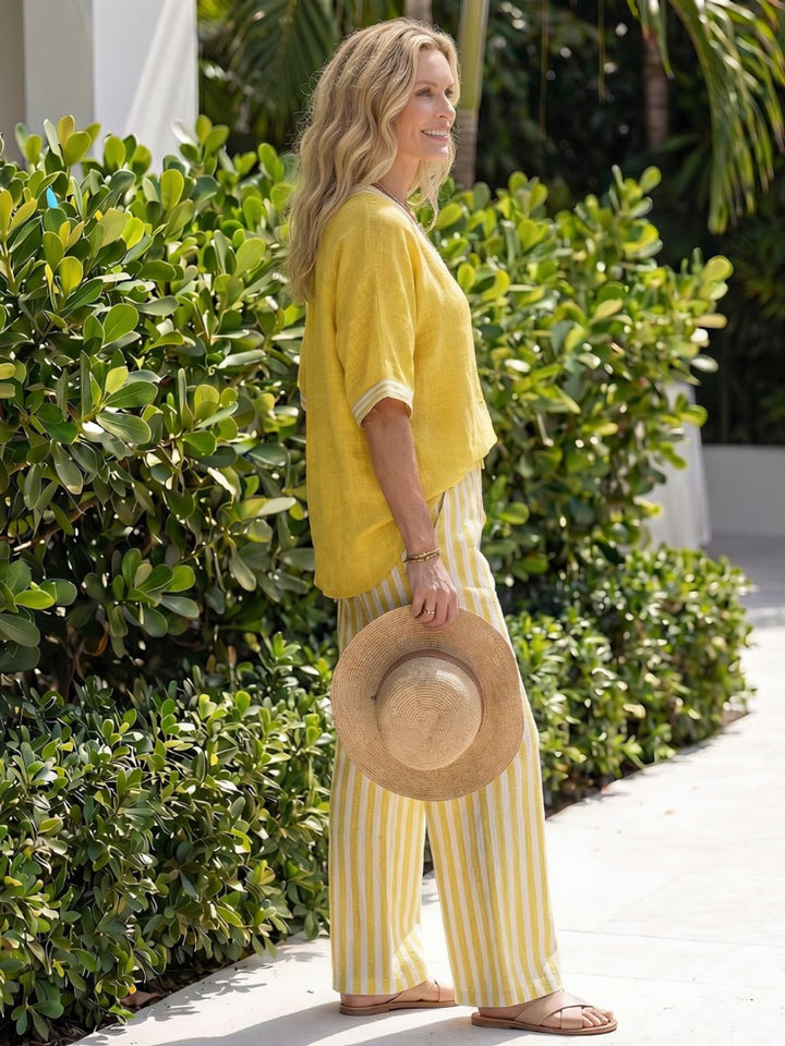 Women's Everyday Relaxed V-Neck Linen Tunic Stripe Trouser Set