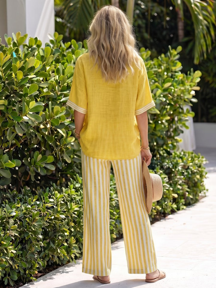 Women's Everyday Relaxed V-Neck Linen Tunic Stripe Trouser Set
