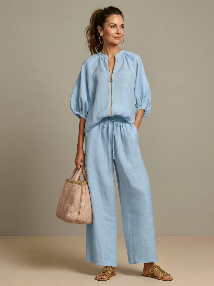 Women's Everyday Relaxed Zip-Front Blouson Top Wide-Leg Trouser Set