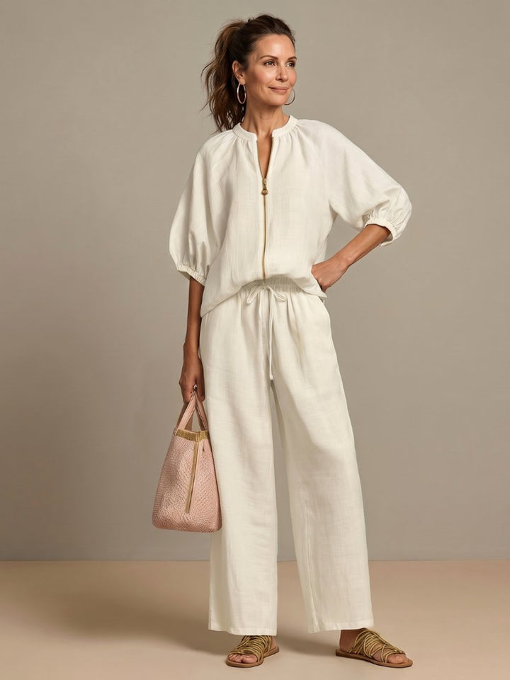 Women's Everyday Relaxed Zip-Front Blouson Top Wide-Leg Trouser Set