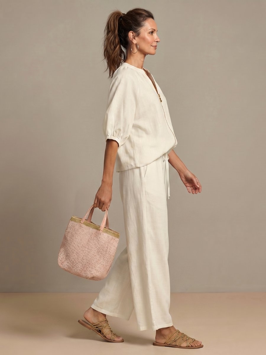 Women's Everyday Relaxed Zip-Front Blouson Top Wide-Leg Trouser Set