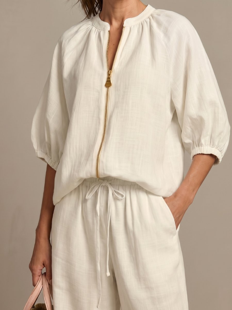 Women's Everyday Relaxed Zip-Front Blouson Top Wide-Leg Trouser Set
