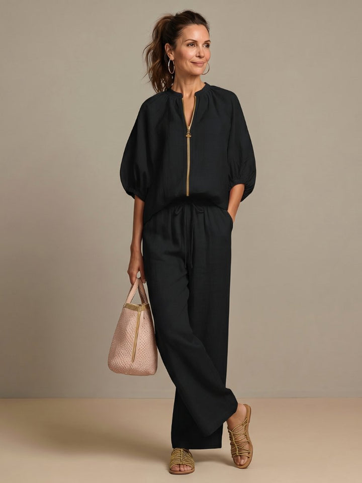 Women's Everyday Relaxed Zip-Front Blouson Top Wide-Leg Trouser Set