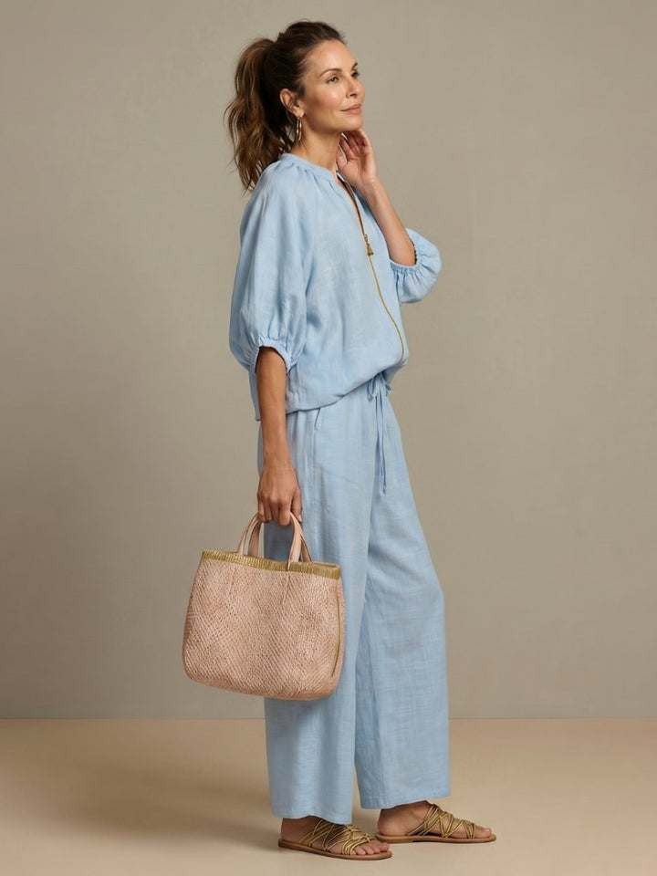 Women's Everyday Relaxed Zip-Front Blouson Top Wide-Leg Trouser Set