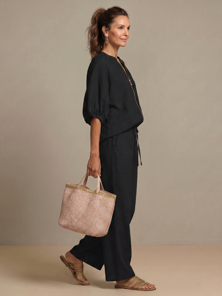 Women's Everyday Relaxed Zip-Front Blouson Top Wide-Leg Trouser Set