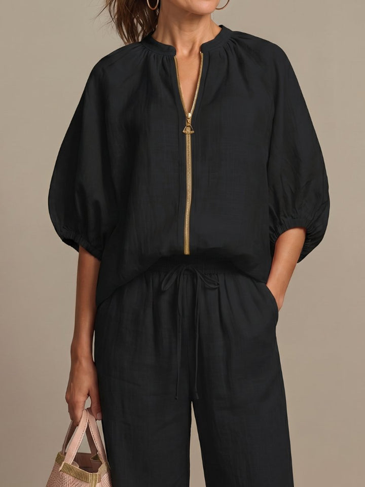 Women's Everyday Relaxed Zip-Front Blouson Top Wide-Leg Trouser Set
