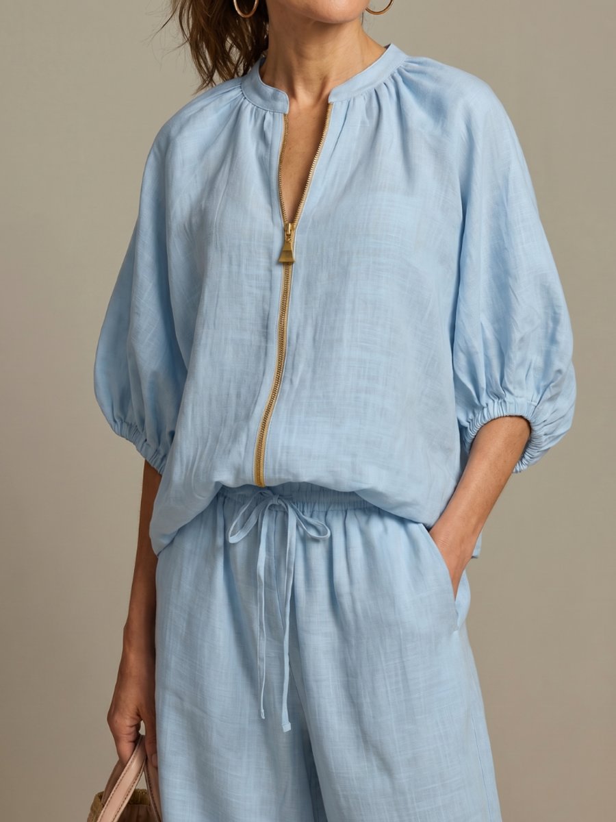 Women's Everyday Relaxed Zip-Front Blouson Top Wide-Leg Trouser Set