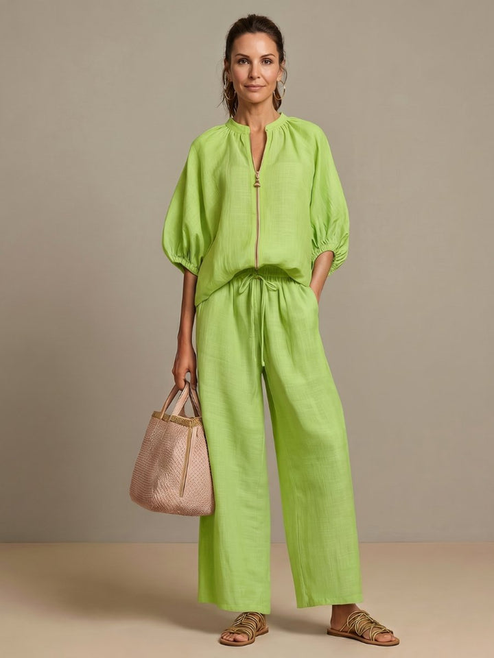 Women's Everyday Relaxed Zip-Front Blouson Top Wide-Leg Trouser Set