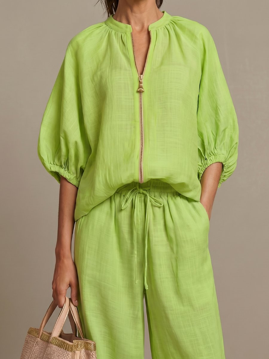 Women's Everyday Relaxed Zip-Front Blouson Top Wide-Leg Trouser Set