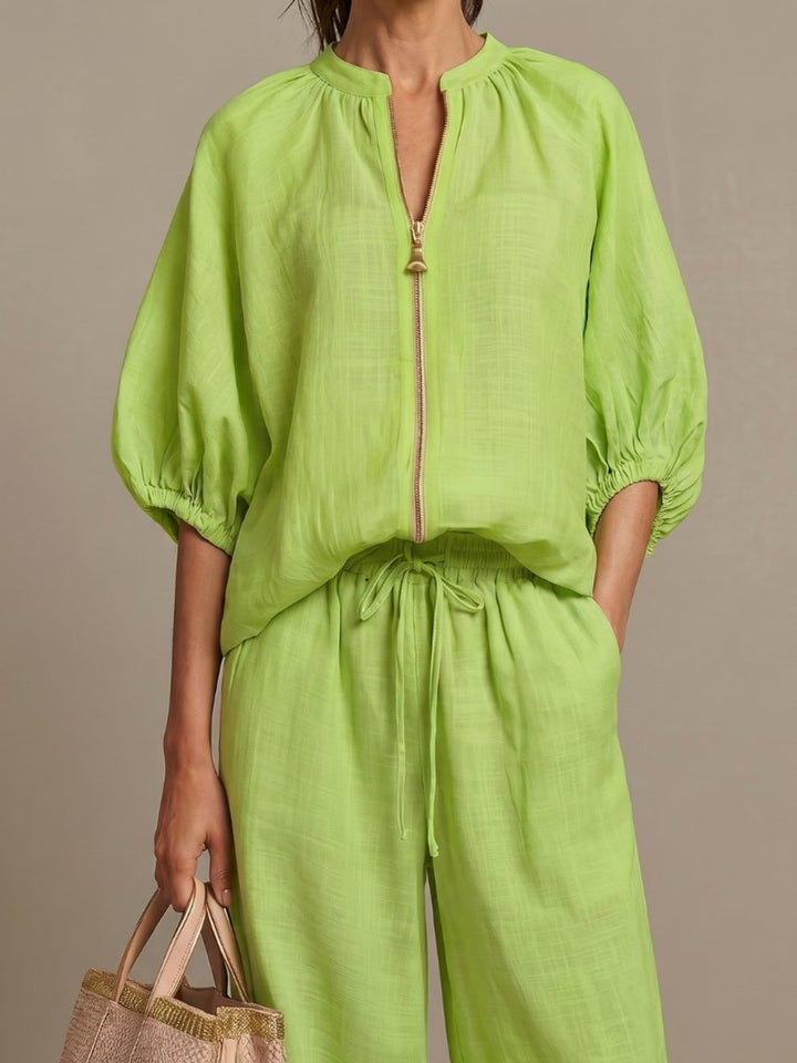 Women's Everyday Relaxed Zip-Front Blouson Top Wide-Leg Trouser Set
