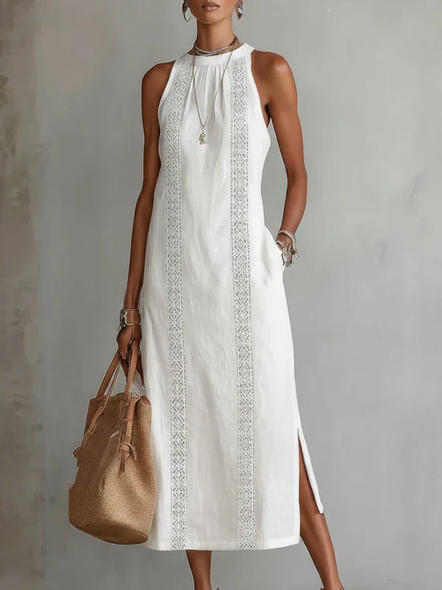 Women's Everyday Sleeveless Lace-Insert Side-Slit Midi Dress