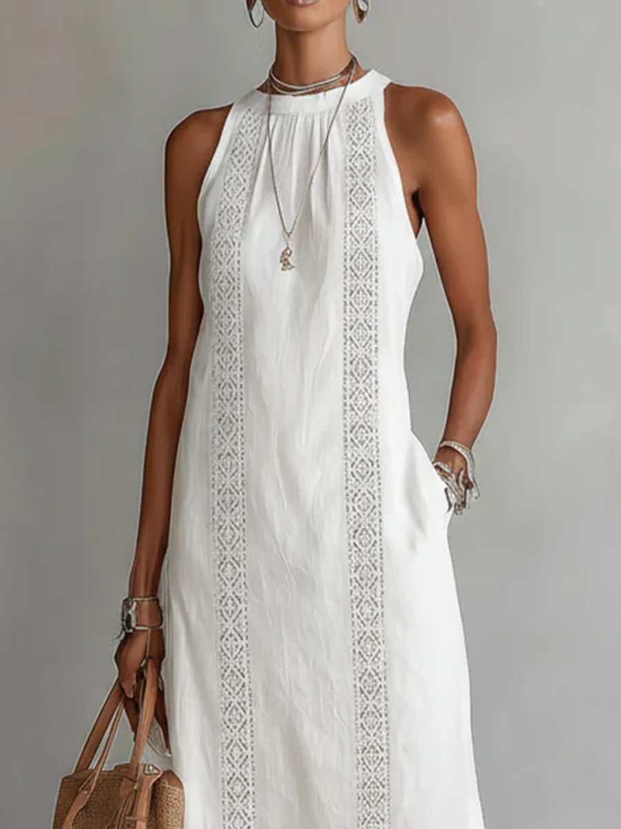 Women's Everyday Sleeveless Lace-Insert Side-Slit Midi Dress