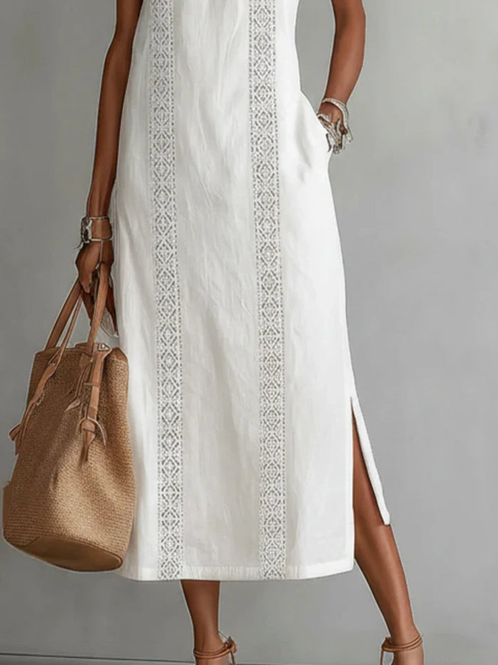 Women's Everyday Sleeveless Lace-Insert Side-Slit Midi Dress