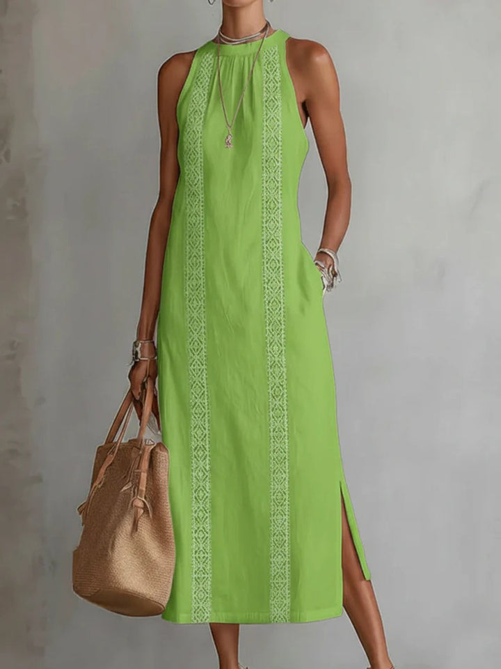 Women's Everyday Sleeveless Lace-Insert Side-Slit Midi Dress