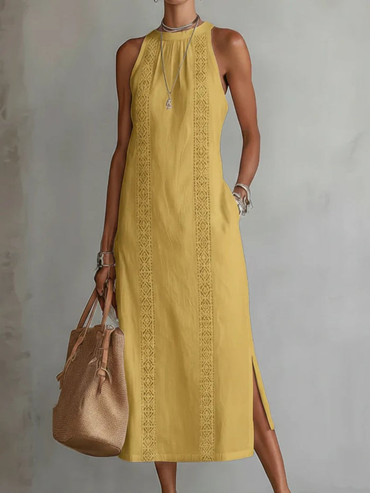 Women's Everyday Sleeveless Lace-Insert Side-Slit Midi Dress