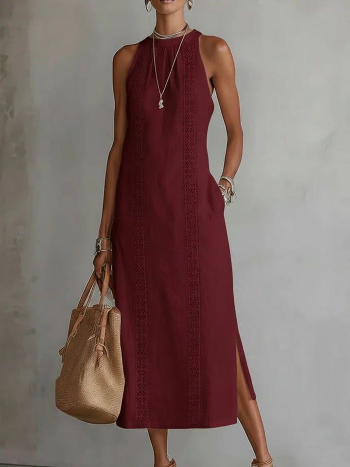 Women's Everyday Sleeveless Lace-Insert Side-Slit Midi Dress