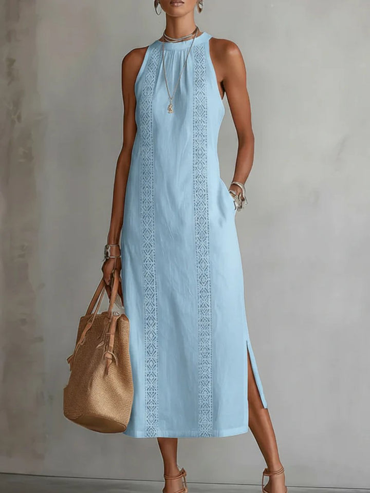 Women's Everyday Sleeveless Lace-Insert Side-Slit Midi Dress