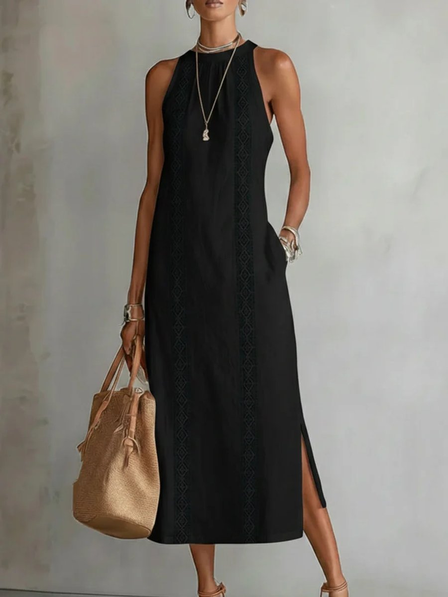 Women's Everyday Sleeveless Lace-Insert Side-Slit Midi Dress