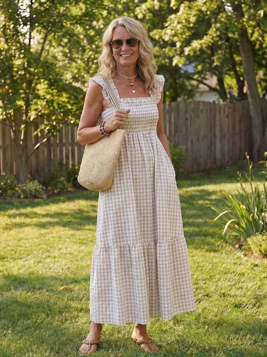 Women's Everyday Smocked Gingham Flutter Sleeve Maxi Dress