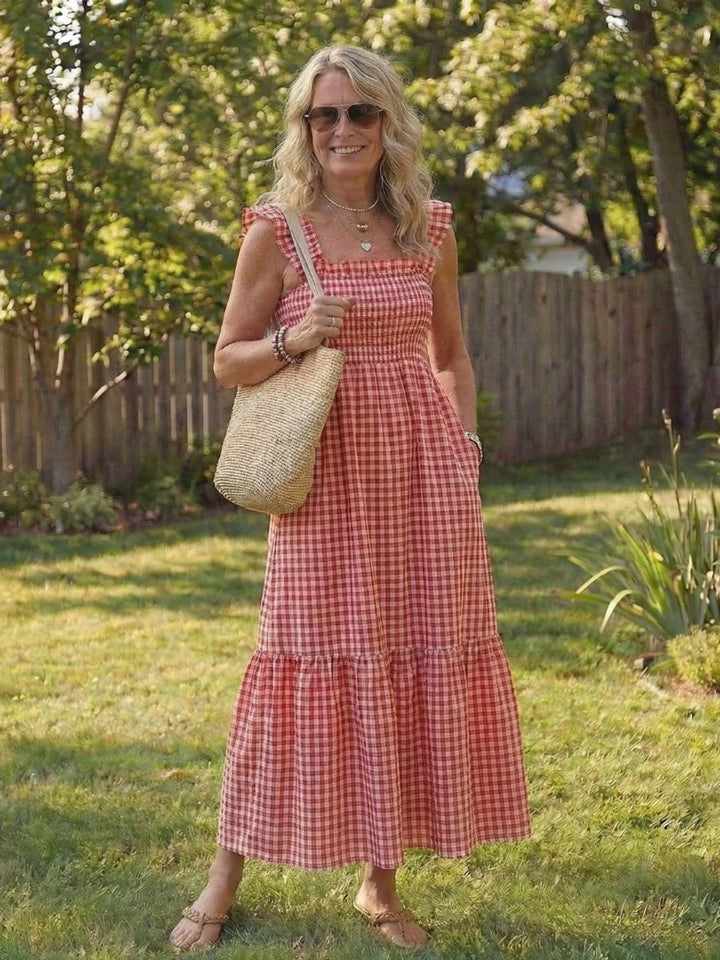 Women's Everyday Smocked Gingham Flutter Sleeve Maxi Dress