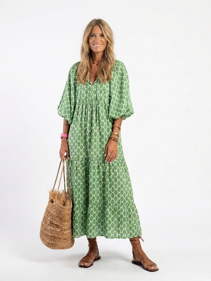 Women's Everyday Tiered Midi Dress Relaxed V-Neck Three-Quarter Sleeve