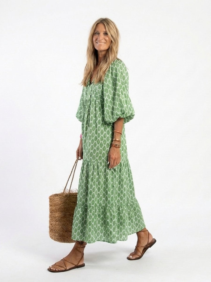 Women's Everyday Tiered Midi Dress Relaxed V-Neck Three-Quarter Sleeve