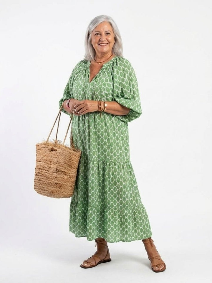 Women's Everyday Tiered Midi Dress Relaxed V-Neck Three-Quarter Sleeve