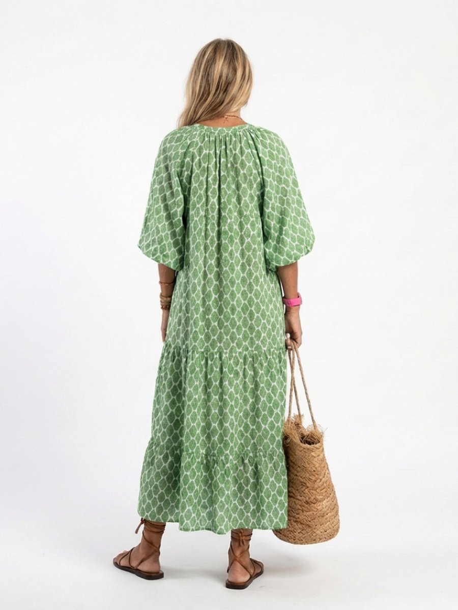 Women's Everyday Tiered Midi Dress Relaxed V-Neck Three-Quarter Sleeve
