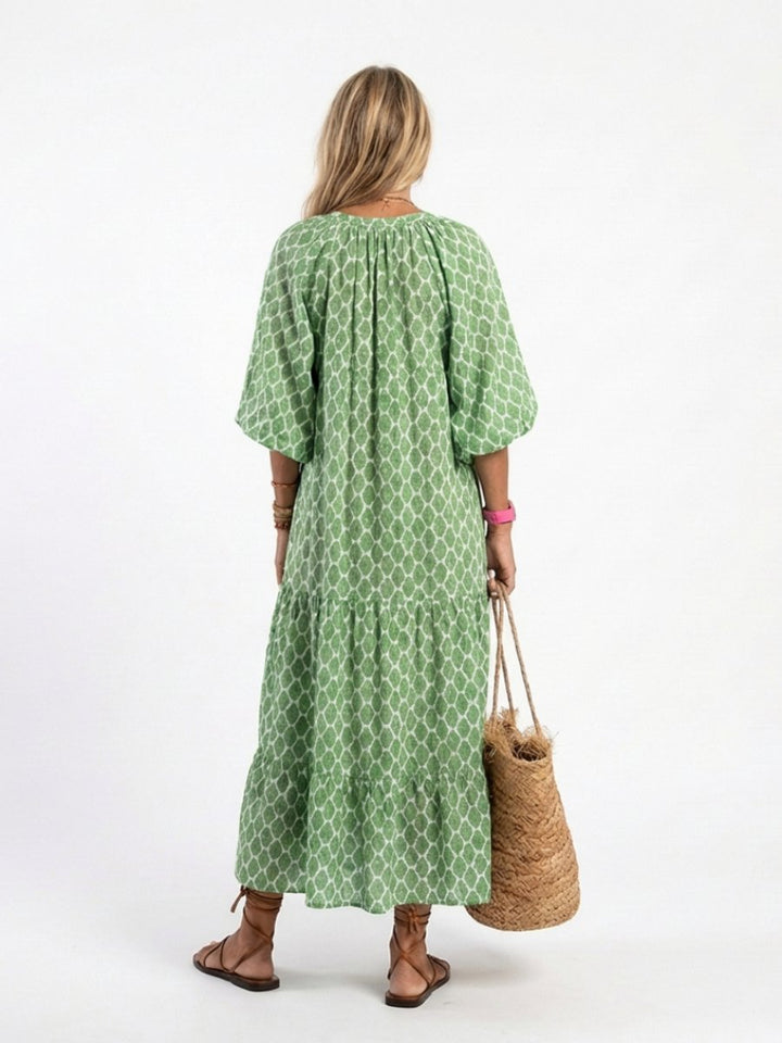 Women's Everyday Tiered Midi Dress Relaxed V-Neck Three-Quarter Sleeve