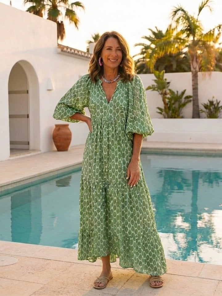 Women's Everyday Tiered Midi Dress Relaxed V-Neck Three-Quarter Sleeve