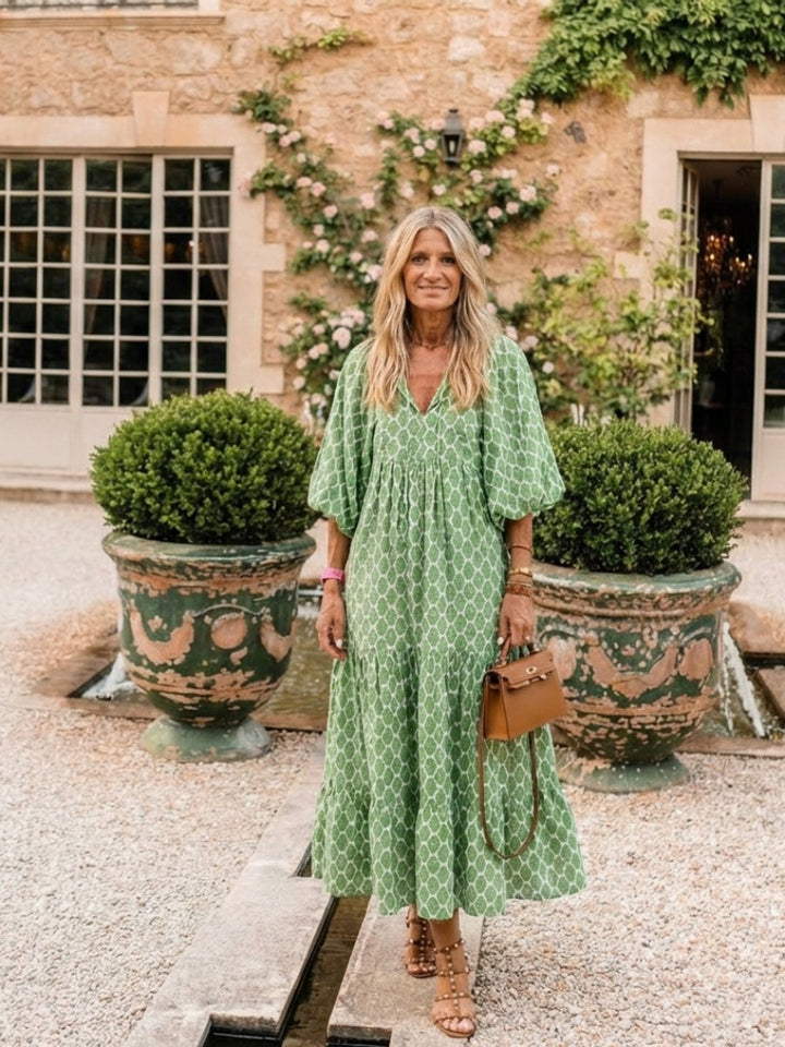 Women's Everyday Tiered Midi Dress Relaxed V-Neck Three-Quarter Sleeve