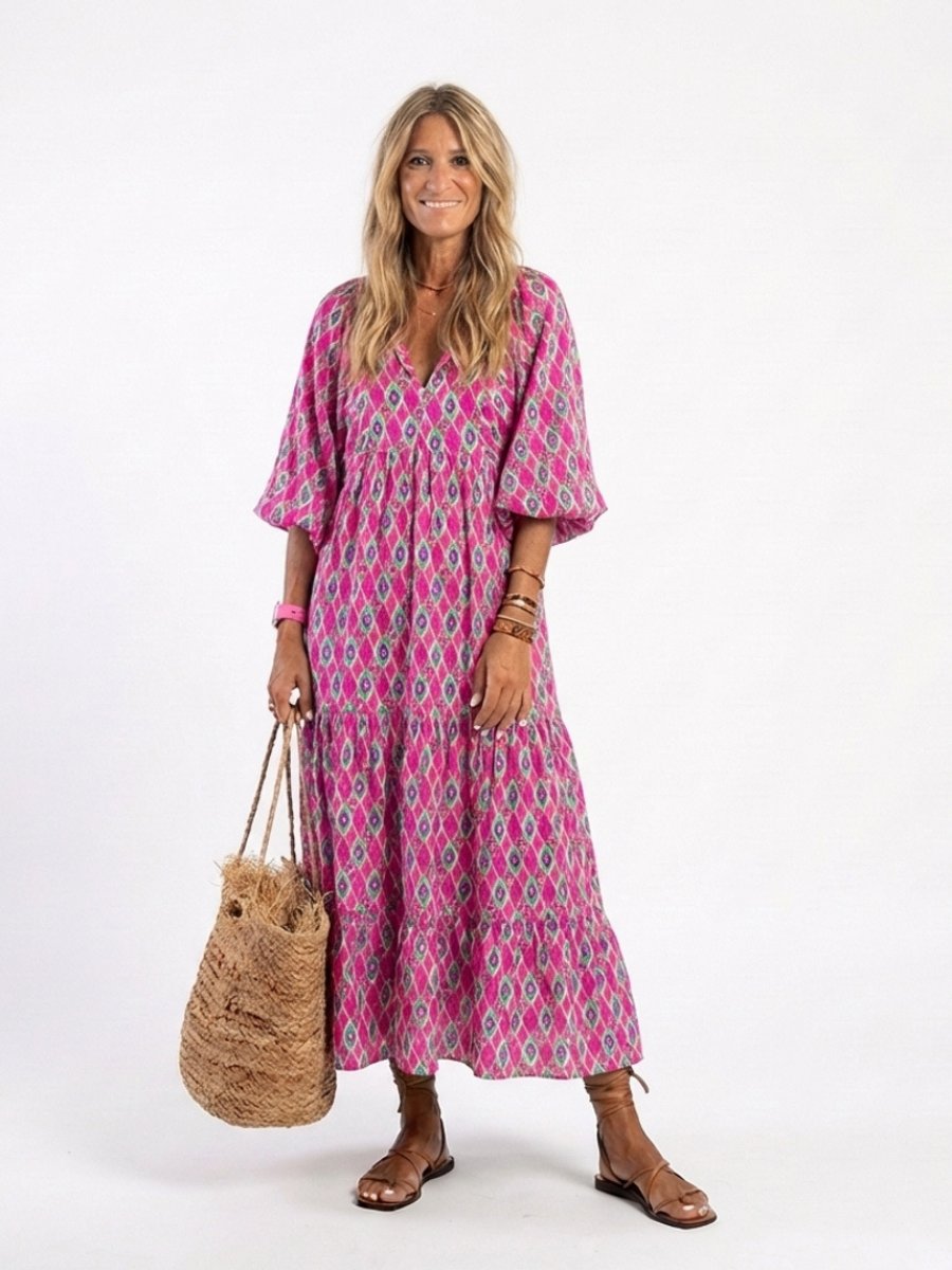 Women's Everyday Tiered Midi Dress Relaxed V-Neck Three-Quarter Sleeve