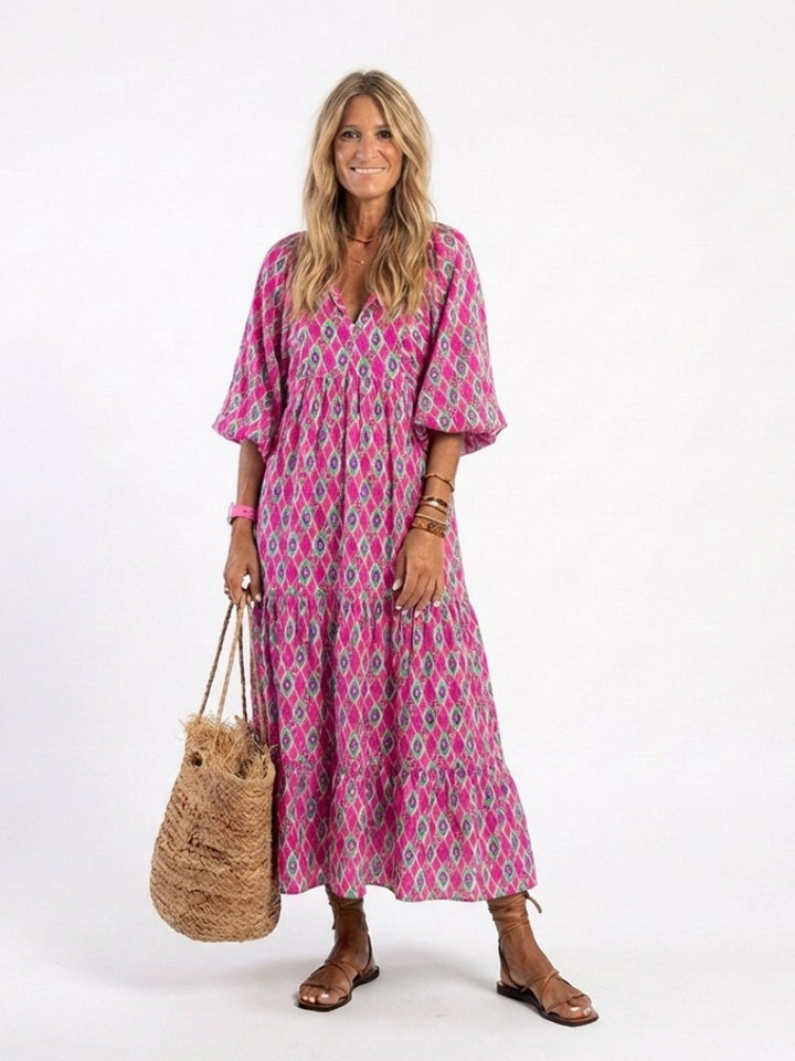 Women's Everyday Tiered Midi Dress Relaxed V-Neck Three-Quarter Sleeve