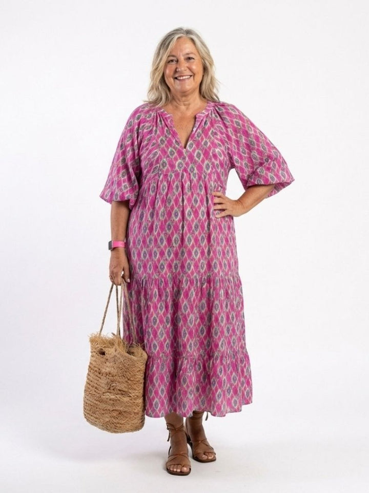 Women's Everyday Tiered Midi Dress Relaxed V-Neck Three-Quarter Sleeve