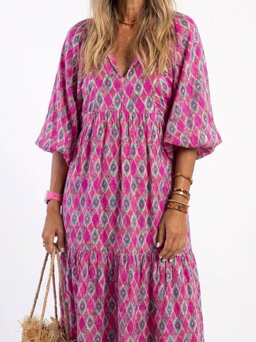 Women's Everyday Tiered Midi Dress Relaxed V-Neck Three-Quarter Sleeve