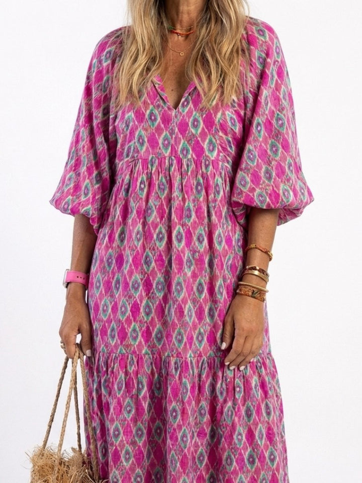 Women's Everyday Tiered Midi Dress Relaxed V-Neck Three-Quarter Sleeve