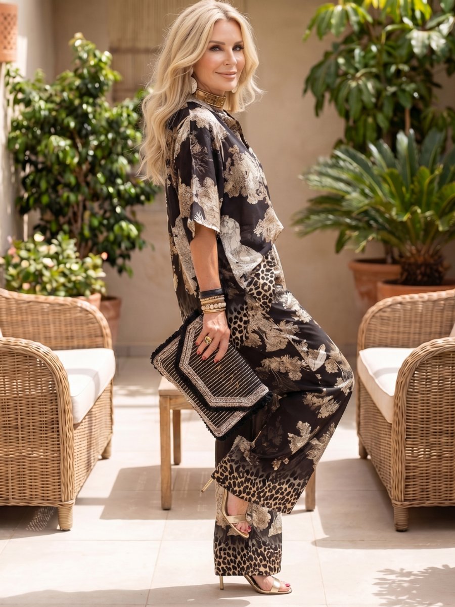 Women's Everyday Wide-Leg Printed Wrap Two-Piece Trouser Set
