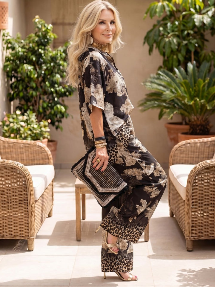 Women's Everyday Wide-Leg Printed Wrap Two-Piece Trouser Set