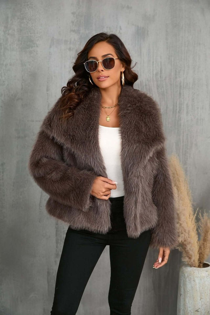 Women's Faux Fur Open-Front Coat Wide Collar Relaxed Fit