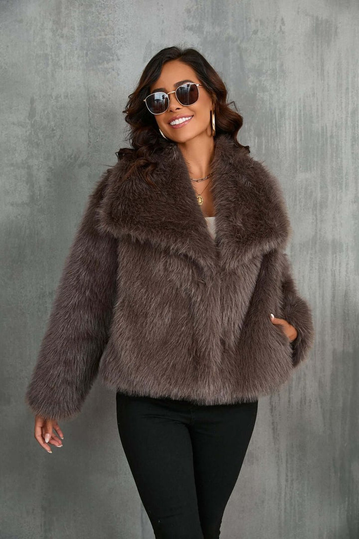 Women's Faux Fur Open-Front Coat Wide Collar Relaxed Fit