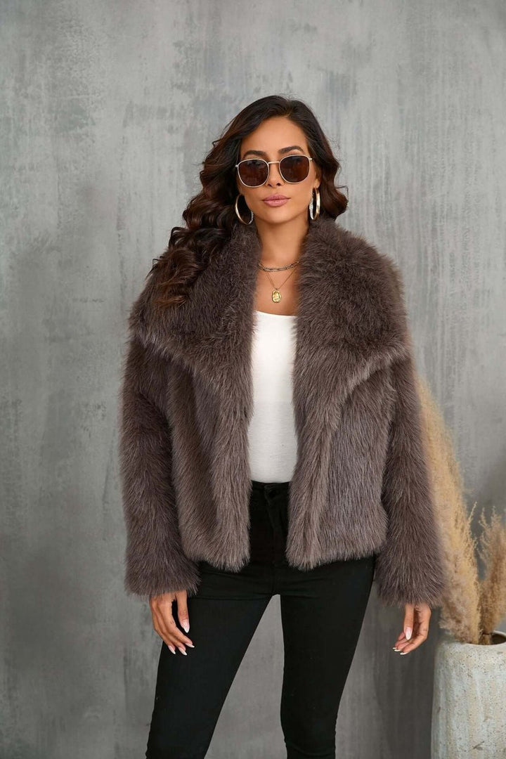Women's Faux Fur Open-Front Coat Wide Collar Relaxed Fit