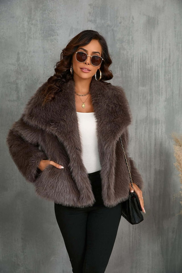 Women's Faux Fur Open-Front Coat Wide Collar Relaxed Fit