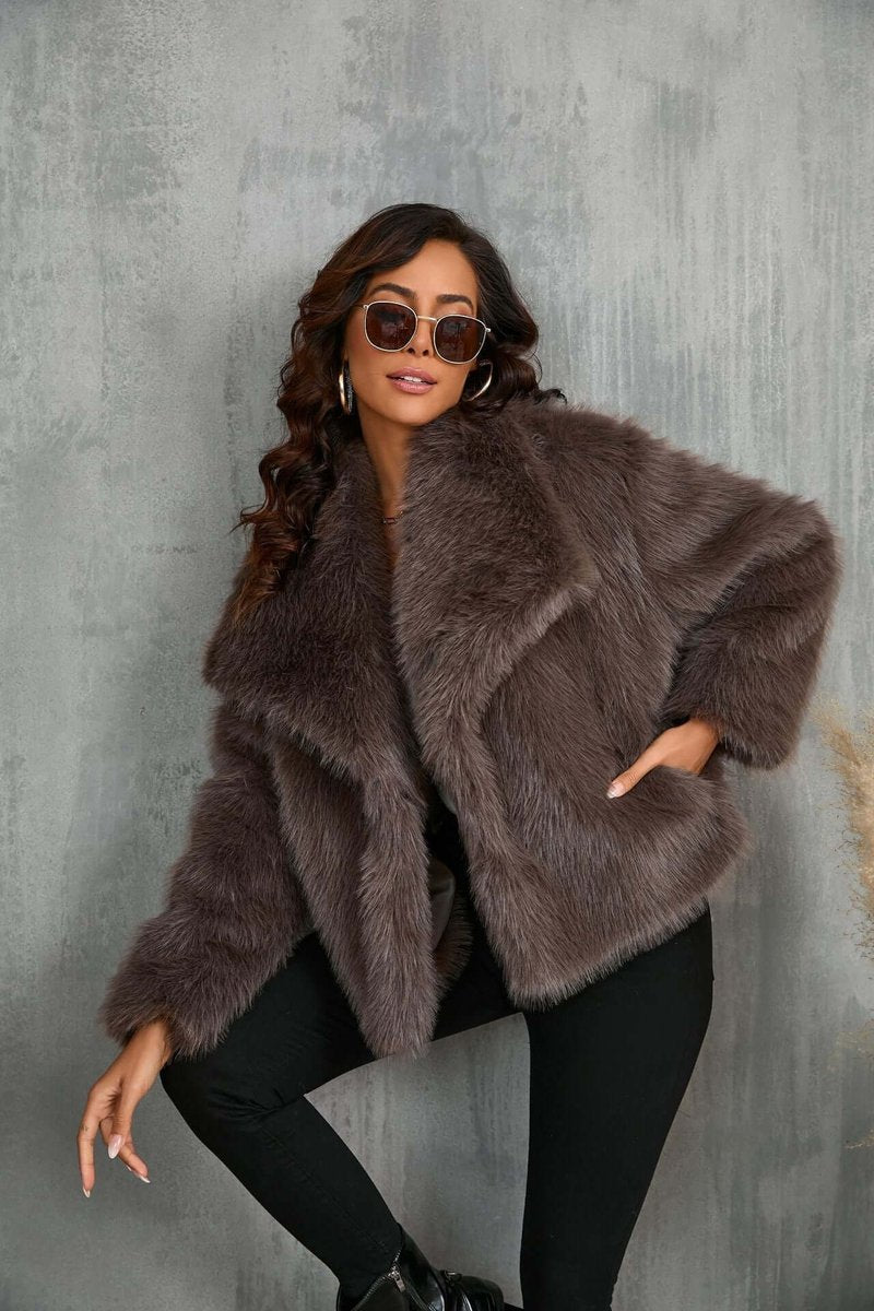 Women's Faux Fur Open-Front Coat Wide Collar Relaxed Fit