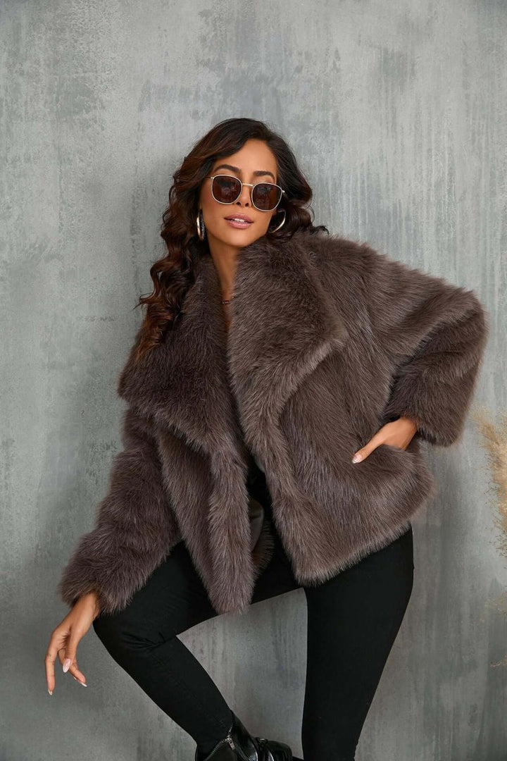 Women's Faux Fur Open-Front Coat Wide Collar Relaxed Fit
