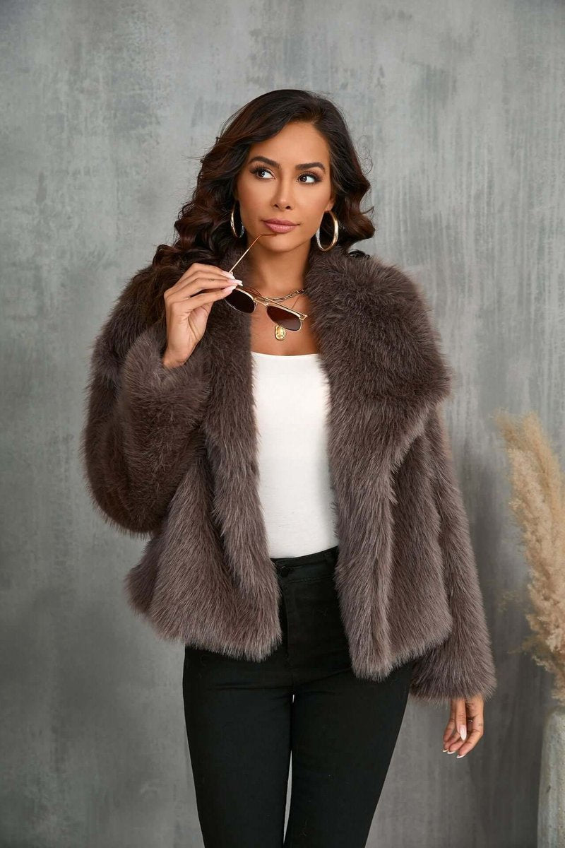 Women's Faux Fur Open-Front Coat Wide Collar Relaxed Fit