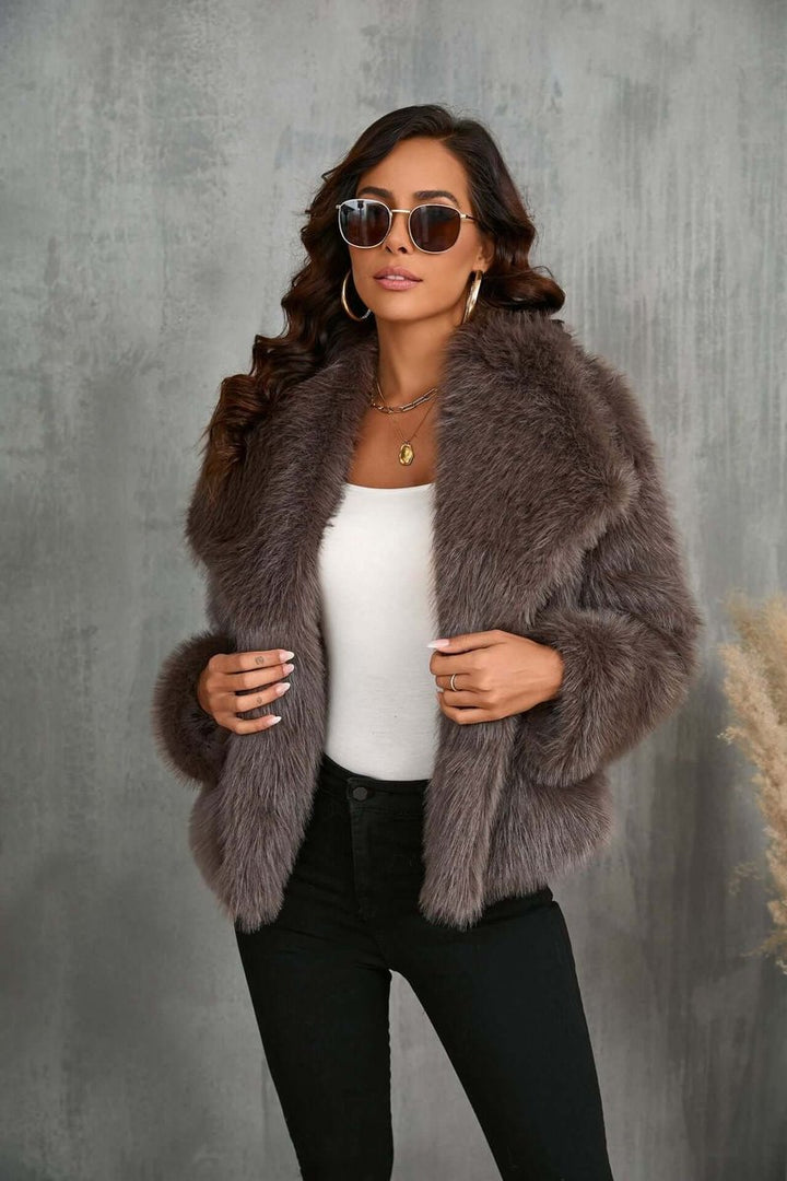 Women's Faux Fur Open-Front Coat Wide Collar Relaxed Fit